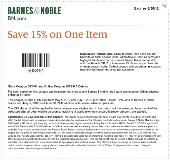 Barnes Noble Printable Coupon Expires June 30 2012