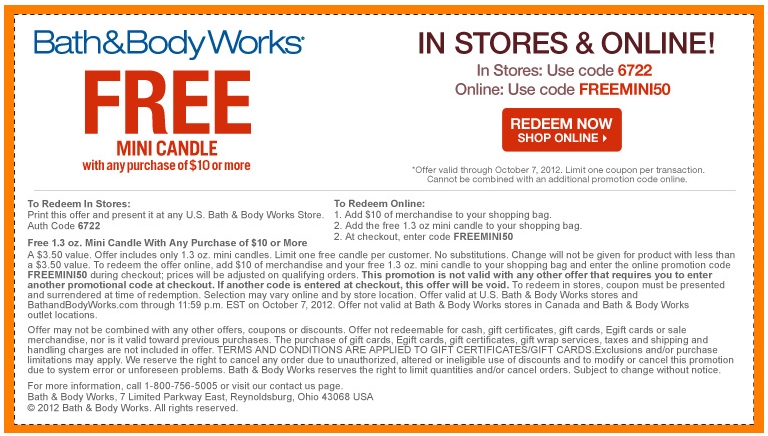 Bath and Body Works Printable Coupon Expires October 7 2012