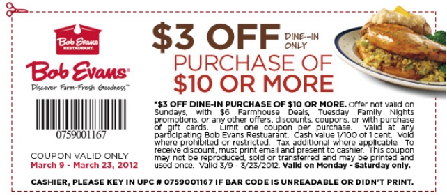 Bob Evans $3 Off Printable Coupon