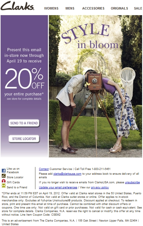 Clark's 20% OFF Printable Coupon 2012