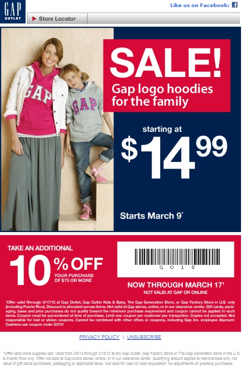 Gap Outlet 10% OFF Printable Coupon