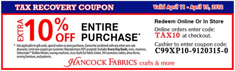 Hancock Fabrics 10% OFF Printable Coupon