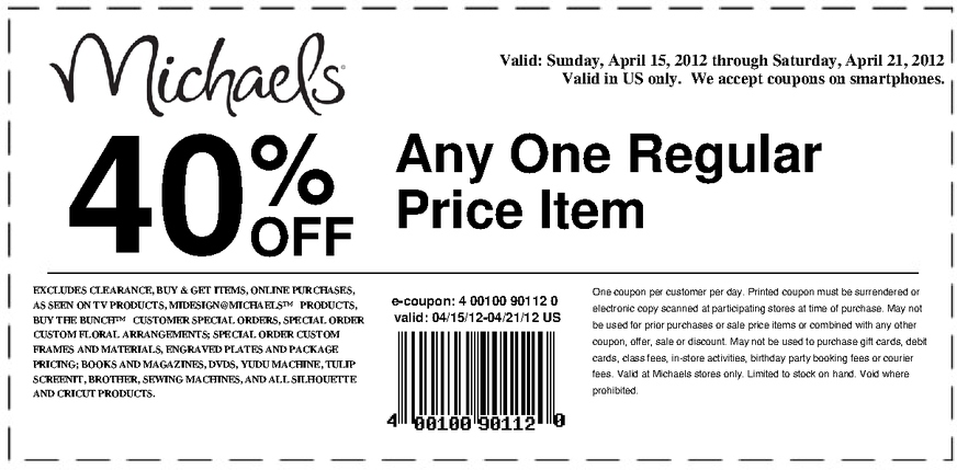 Michaels 40 Off Printable Coupon April 2012