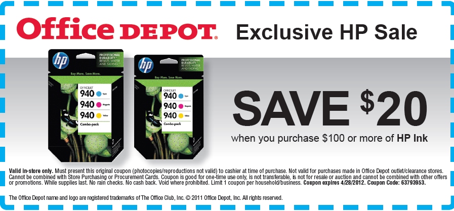 Office Depot $20 Off HP Ink