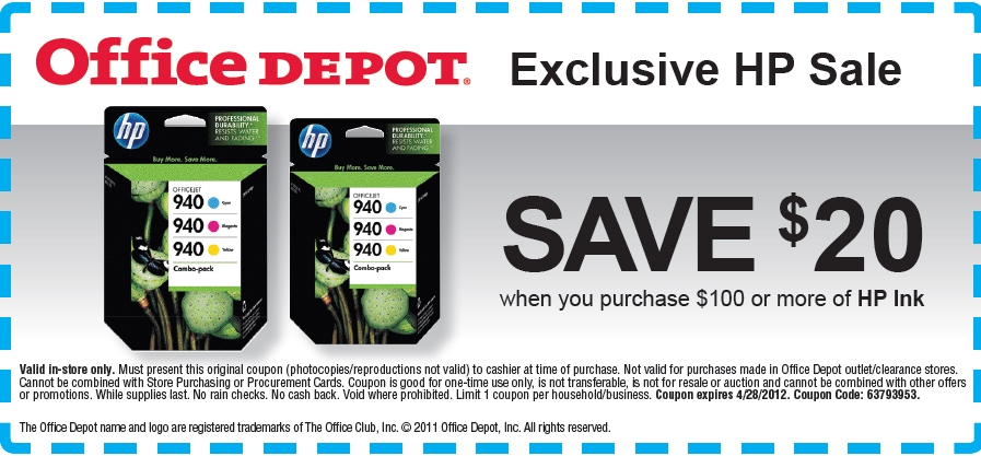 Office Depot Save 20 Off HP Ink Expires April 28 2012
