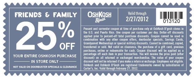 OshKosh B'Gosh 25% OFF Your Entire Purchase Printable Coupon