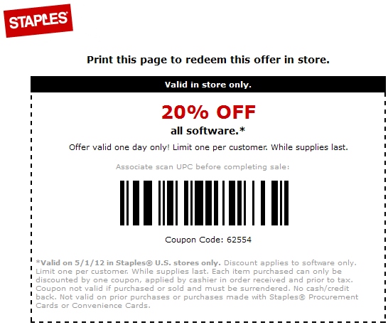 Staples 20% OFF All Software Printable Coupon