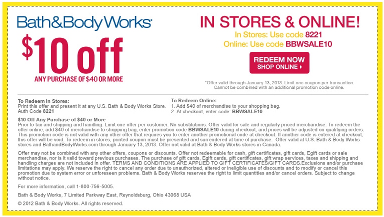 Bath And Body Works $10 OFF Printable Coupon Expires January 13 2013