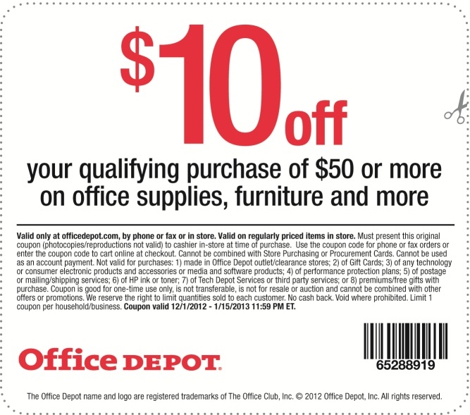 Office Depot 10 OFF Printable Coupon Expires January 15 2013