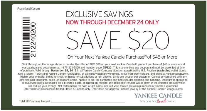 Yankee Candle $20 Off Printable Coupon Expires December 24 2012