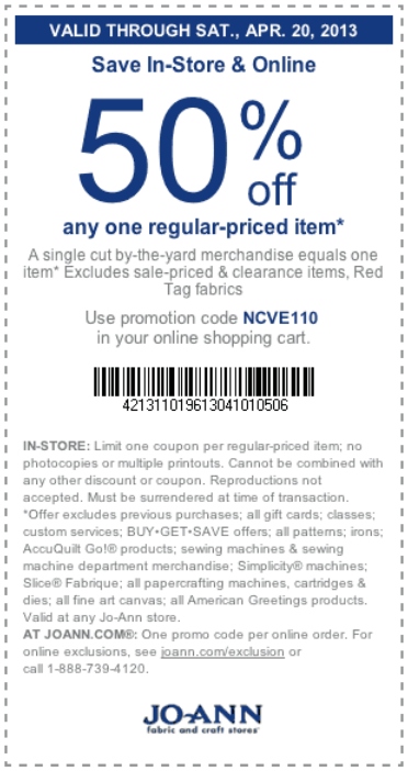 Joann 50% Off Printable Coupon - Expires April 20, 2013