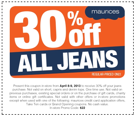 Maurice's 30% Off All Jeans Regular-Priced Purchase - Expires April 9, 2013